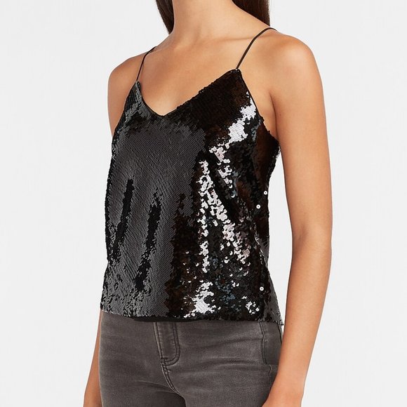 EXPRESS Black Sequin Cropped Sequin Boxy V-Neck Cami Tank Top NWT Size L - Picture 1 of 3